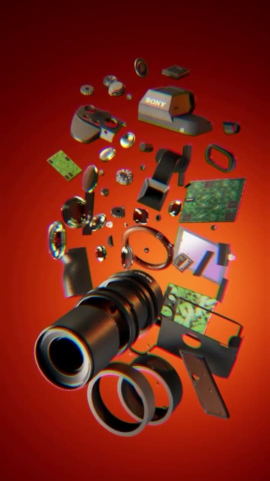 Exploded view study — a camera separating into its components