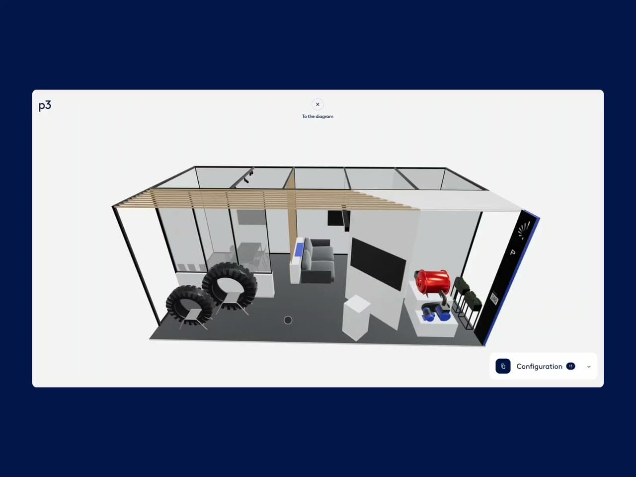 Interactive 3D configurator — an exhibition booth assembled live in the browser